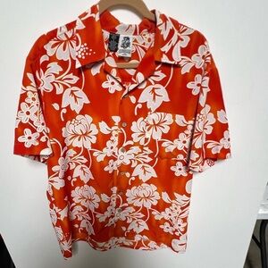 KENNINGTON LTD HAWAIIAN ORANGE AND WHITE PRINT SHIRT. SIZE L.
